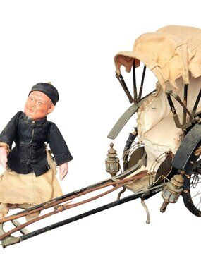 Antique Style Rickshaw Carriage with Vintage Asian Figure Tin Metal Wood Decor